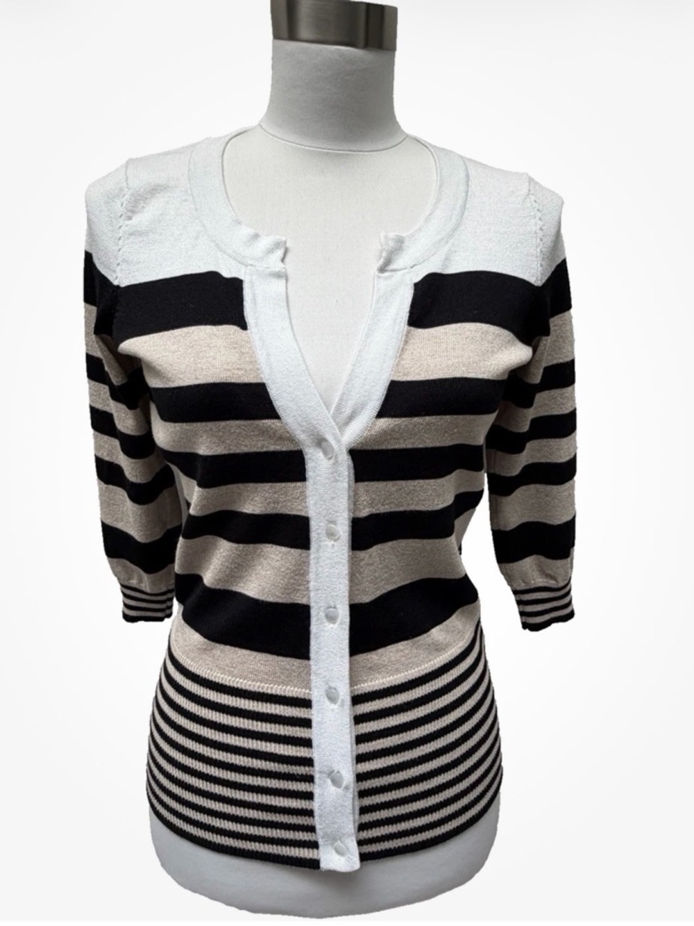 Red Striped V-Neck Button-Front Cardigan - Black, Beige, White - Sz S